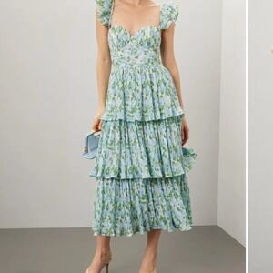 Rachel Parcell Blue and Green Corset Floral Tiered Midi Dress